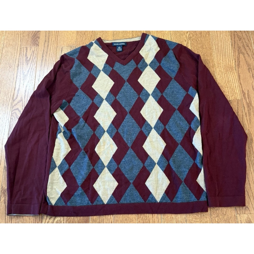 Banana Republic Extra Fine Merino Wool Sweater Men's Large Red Argyle V Neck